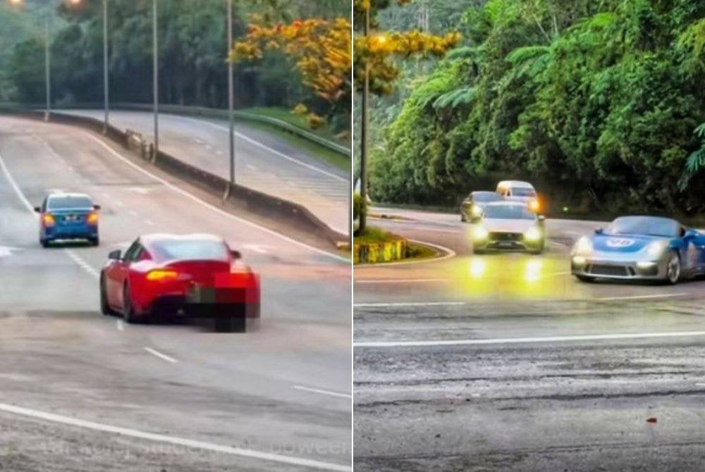 Tangkap layar daripada klip video yang dimuatnaik di laman sosial yang memaparkan aksi sekumpulan pemilik kenderaan memandu secara berbahaya di selekoh jalan di Genting Highlands.