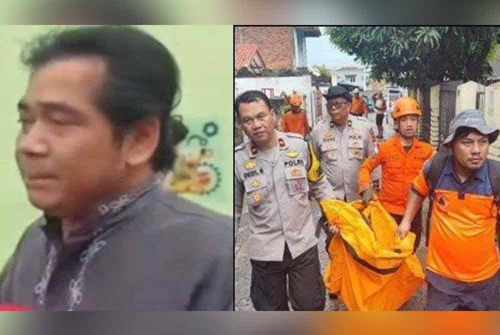 Aang (kiri) dan pihak berkuasa membawa jasad isteri dan anaknya yang ditemukan maut dalam keadaan berpelukan selepas terperangkap dalam banjir di Sukabumi baru-baru ini. - Foto: Agensi