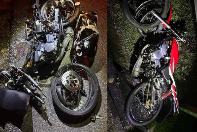 Keadaan motosikal Yamaha RXZ yang ditunggang mangsa selepas terbabit kemalangan di Kilometer 211, LPT1 arah timur di sini pada tengah malam Ahad. Foto kanan: Keadaan RXZ kawan mangsa. (Gambar Polis Kuantan)