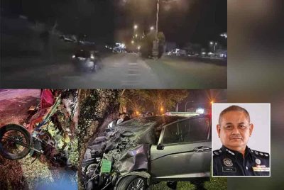 Rakaman dashcam (atas) papar kereta Honda Jazz dipercayai dipandu laju ketika lampu isyarat sudah berkelip kuning mahu bertukar merah. Keadaan motosikal (bawah) dinaiki mangsa yang dilanggar kereta Honda Jazz. Gambar kecil: Mohamad Hatta Che Din