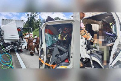 Seramai lapan anggota dari Balai Bomba dan Penyelamat Tapah digerakkan ke lokasi kejadian bagi mengeluarkan mangsa yang tersepit di tempat duduk pemandu. - Foto: Bomba Perak