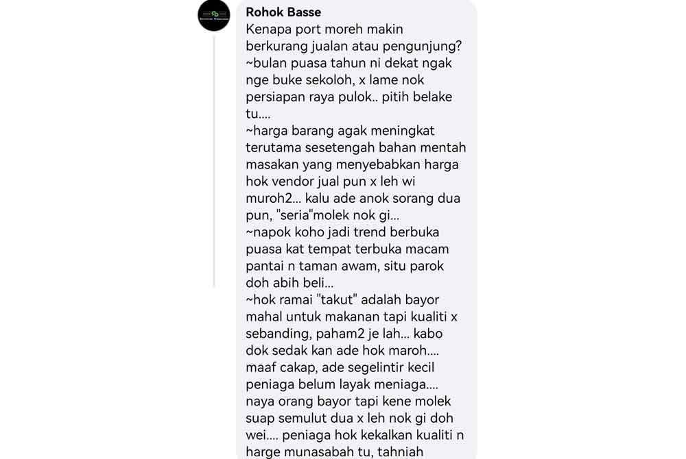 Antara komentar ditinggalkan pengguna media sosial berhubung situasi dialami peniaga moreh di Kuala Terengganu.