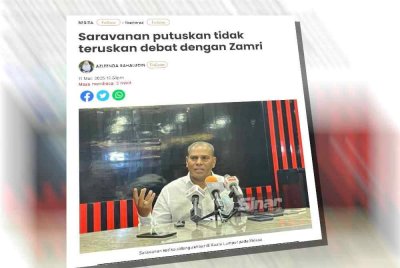 Laporan Sinar Harian berkaitan Saravanan putuskan tidak teruskan debat dengan Zamri.