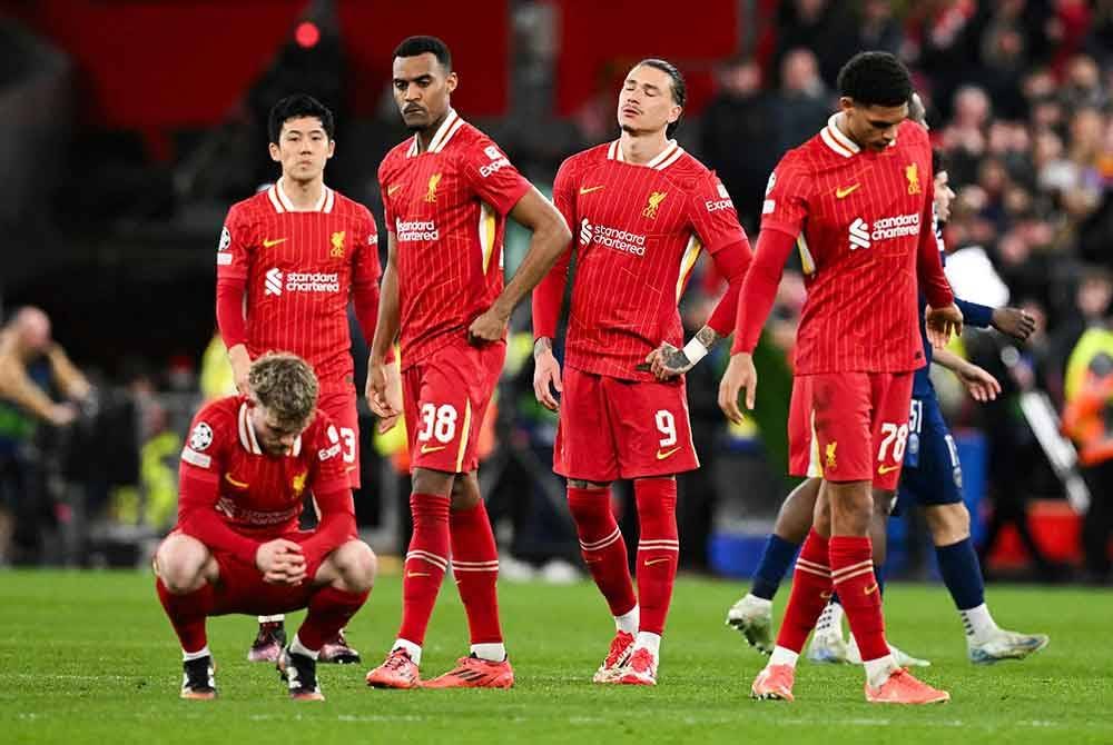 Reaksi pemain Liverpool selepas tewas kepada PSG. Foto AFP