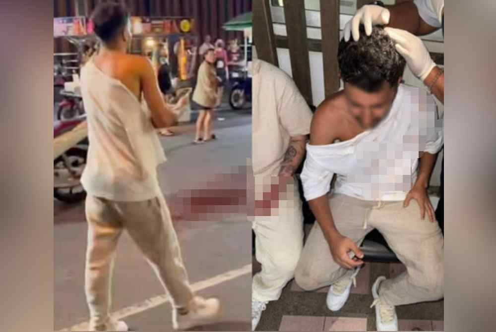 Pelancong Israel menerima rawatan awal akibat kecederaan yang dialami dalam pergaduhan dengan sekumpulan wanita transgender di Jalan Bangla, Phuket pada 5 Mac 2025. - Agensi