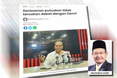 Laporan Sinar Harian berkaitan Saravanan putuskan tidak teruskan debat dengan Zamri. (Gambar kecil: Mohamad Sabri)