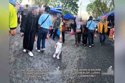 Tangkap layar menerusi klip video di TikTok memaparkan lelaki terbabit dilihat sengaja melanggar wanita di Bazar Ramadan Lurah Semantan,Temerloh pada Selasa