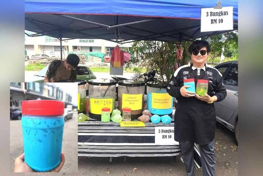 Mohd Zaidi menunjukkan balang yang digunakan untuk 'membungkus' air. Gambar kecil: Air yang diletkkan dalam balang dijuak dengan harga RM5