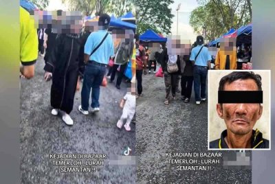 Tangkap layar menerusi klip video yang tular memaparkan aksi lelaki terbabit dilihat sengaja melanggar pengunjung wanita di bazar tersebut. Gambar kecil: Suspek berusia 41 tahun berjaya ditahan pada Rabu 