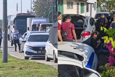 Tangkap layar video tular aksi dua lelaki dipercayai berada di bawah pengaruh dadah melarikan diri daripada polis di Sungai Abong, Muar.