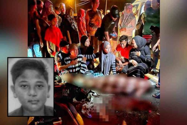 Wanita ditemani ahli keluarganya menangis melihat mayat anaknya di lokasi kemalangan di Jalan Taman Kelisa, Kuala Sungai Baru, pada Rabu. Gambar kecil: Muhammad Alif Ramadani.