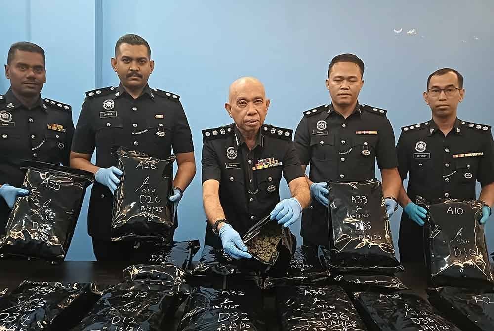 Ahmad Sukarno (tengah) menunjukkan bunga ganja yang dirampas daripada dua 'transporter' di sebuah rumah sewa di Taman Cuepacs Segambut, Kuala Lumpur pada Rabu.