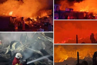 Dalam kebakaran lewat malam tadi, tiga kedai runcit, dua inap desa, satu blok rumah sewa 11 pintu, dan sebuah stor penyimpanan barang runcit, kesemuanya jenis tidak kekal, musnah sepenuhnya. - Gambar JBPM Sabah