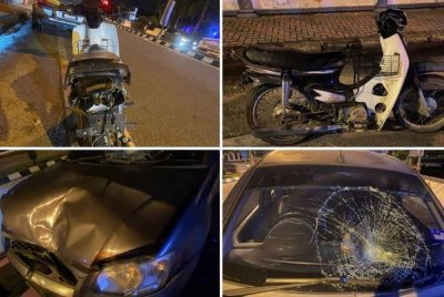 Keadaan motosikal dan kereta remuk selepas terlibat kemalangan. Foto Polis