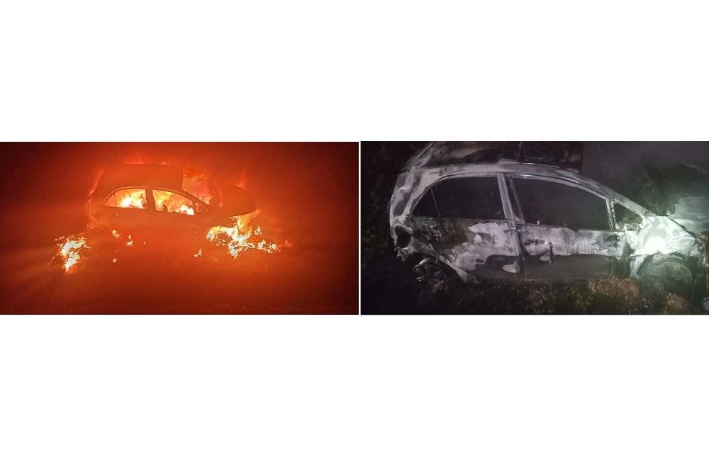 Keadaan Proton Iriz yang terbabas sebelum terbakar di Kilometer 11.3 Lebuhraya Senai-Desaru, awal pagi Sabtu. Foto BBP Johor Jaya