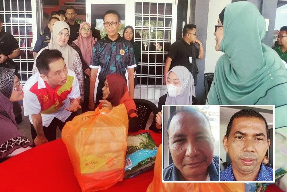 Suee Lim (dua dari kiri) menyantuni penerima ketika Majlis Penyampaian Sumbangan Mangsa Ribut, Masjid dan Surau di Dewan Seri Sekinchan di sini pada Sabtu. (Gambar kecil: Norazhar, Mohd Norkhairi)