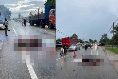 Seorang penunggang motosikal maut digilis selepas bergesel dengan sebuah lori dalam kemalangan di Jalan Bukit Pasir pada Jumaat. Foto IPD Muar