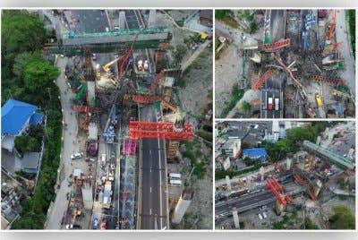Rasuk konkrit yang sedang dalam pembinaan jatuh dan menghempap sebahagian struktur lebuh raya serta beberapa pekerja. Foto bomba Dao Khanong