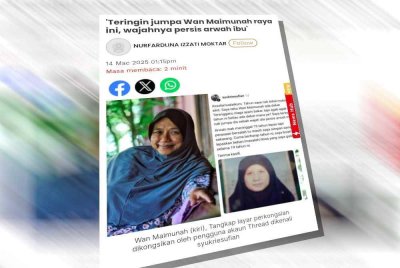 Tangkap layar berita lelaki rindukan arwah ibu yang dikatakan persis wajah Wan Maimunah