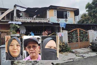 Keadaan rumah mangsa yang terbakar. Gambar kecil dari kiri: Hamiza, Abdul Rahim, Latifah