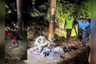 Seorang penyelia ladang maut selepas motosikal yang ditunggangnya melanggar seekor ayam hutan sebelum terbabas dan merempuh tiang elektrik di Kampung Simpai, Jalan Kuantan-Segamat, pada Jumaat. Foto IPD Pekan