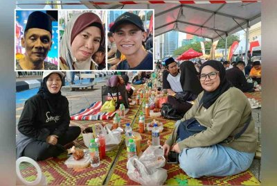 Nur Atikah (kanan) bersama rakan teruja dapat berbuka puasa bersama orang ramai walaupun tidak saling mengenali antara satu sama lain. Gambar kecil: Rosnan, Fatimah dan Khairul Hasib