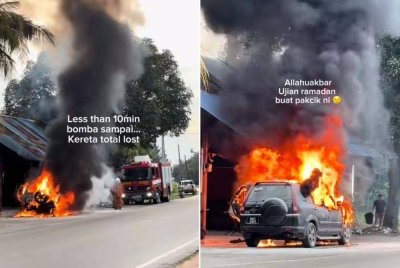 Tangkap layar hantaran tular di TikTok yang memaparkan kereta Norhamidi musnah dalam satu kebakaran.