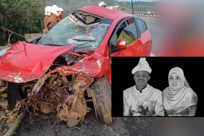 Keadaan kereta dinaiki pasangan suami isteri yang remuk selepas terlibat dalam kemalangan di KM128.3 Lebuhraya Utara Selatan (PLUS) arah utara. (Foto Bernama) Gambar kecil: Mohamad Shahrul dan isterinya, Norsuhada Kartika.