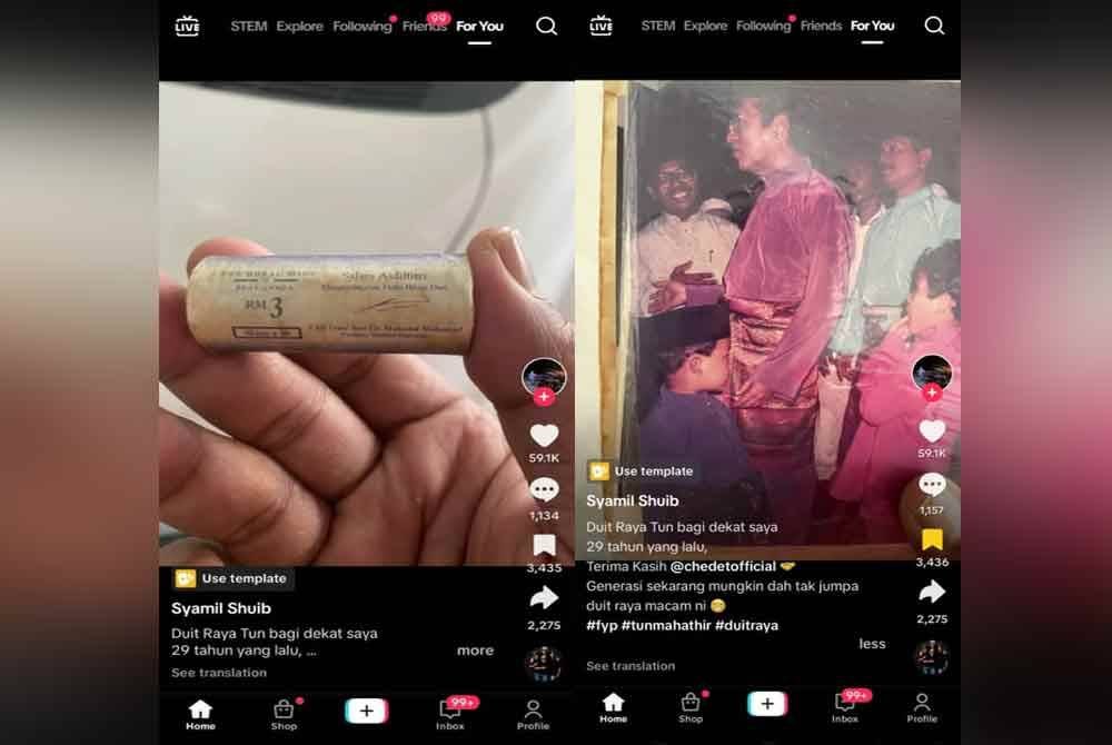 Tangkap layar TikTok milik Syamil Shuib menunjukkan kepingan syiling 10 sen berjumlah RM3 yang diterima daripada Dr Mahathir kira-kira 29 tahun lalu.