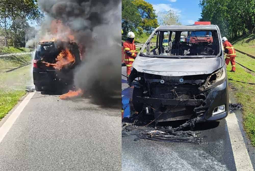 MPV terbakar di lorong kecemasan Lebuhraya Utara-Selatan (PLUS) arah utara, berhampiran Jitra, pagi Isnin. Foto bomba
