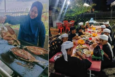 Kak Jane memasak ikan patin bakar untuk diberikan secara percuma kepada pelanggan di restoran miliknya. Foto kanan: Anak-anak dari madrasah turut diberikan hidangan ikan fatin bakar percuma di restorannya. (Gambar ihsan Kak Jane)