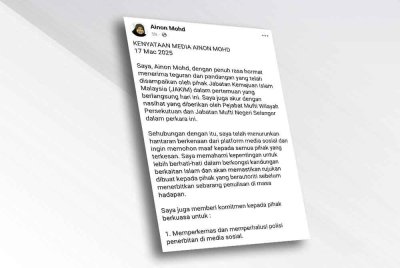 Permohonan maaf Ainon Mohd menerusi kenyataan dimuat naik di Facebooknya pada Isnin.