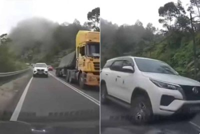 Tindakan berbahaya salah seorang pemandu memotong sebuah lori di kawasan selekoh dan garisan berkembar di mana terdapat kenderaan di laluan bertentangan yang boleh menyebabkan kemalangan di Jalan Penampang Tambunan.