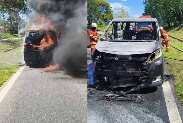 MPV terbakar di lorong kecemasan Lebuhraya Utara-Selatan (PLUS) arah utara, berhampiran Jitra, pagi Isnin. Foto bomba