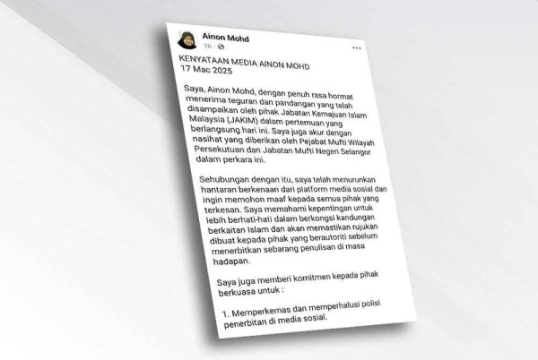 Permohonan maaf Ainon Mohd menerusi kenyataan dimuat naik di Facebooknya pada Isnin.