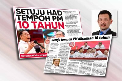 Laporan Sinar Harian pada Isnin mengenai had tempoh Perdana Menteri sehingga 10 tahun. Gambar kecil: WAN AHMAD FAUZI