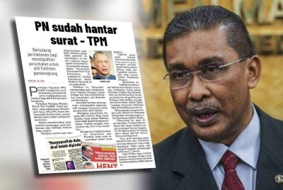 Laporan Sinar Harian pada Isnin mengenai Perikatan Nasional mengenai peruntukan ahli Parlimen pembangkang. Gambar kanan: Takiyuddin