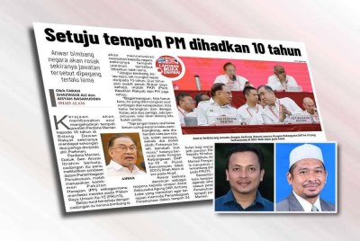 Laporan Sinar Harian pada Isnin mengenai had tempoh Perdana Menteri 10 tahun. Gambar kecil: Mohd Nazree (kiri), Mohd Fairuz