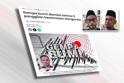Laporan Sinar Harian berkaitan gempa bumi. Gambar kecil: Zakaria dan Muhd Faizul Azwan