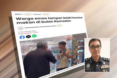 Laporan Sinar Harian berhubung insiden seorang warga emas menampar lelaki bukan Muslim kerana makan di bulan Ramadan di Johor. Gambar kecil: Balveer Singh