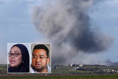 Foto yang diambil dari sempadan selatan Israel memaparkan asap tebal di utara Gaza selepas dibom tentera Israeldi pada Rabu. Foto AFP, gambar kecil dari kiri: Nurul Ain, Muhammad Nadir