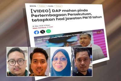 Laporan Sinar Harian berkait DAP mohon pinda Perlembagaan Persekutuan, tetapkan had jawatan PM 10 tahun. Gambar kecil dari kiri: Muhamad Ameer Asyraff, Muhammad Jahwar, Faridah, Mohamad Zarif