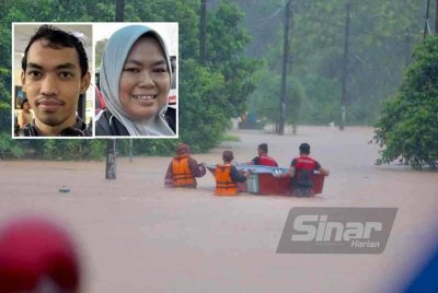 Anggota bomba dalam perjalanan untuk menyelamatkan penduduk terkandas di kediaman mereka yang ditenggelami banjir pada Khamis. Foto kecil: Hairul Azim, Zaleha