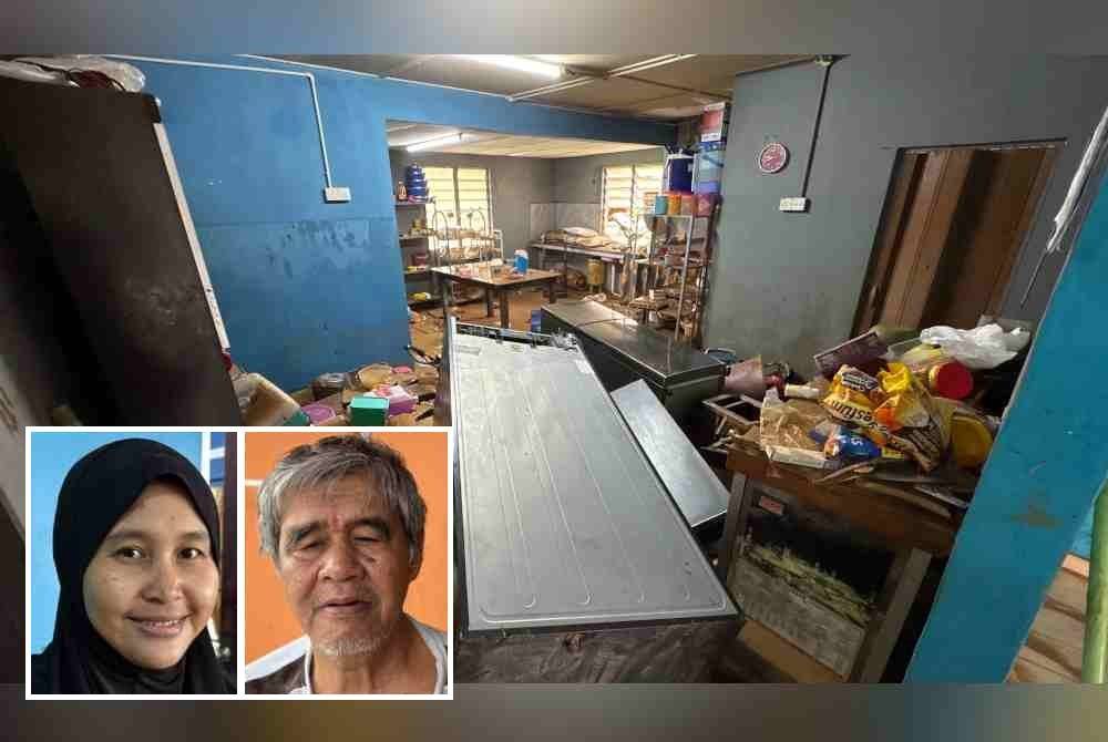 Keadaan dapur salah sebuah rumah mangsa banjir di Kampung Maju Jaya. Gambar kecil: Norazianah, Mastam