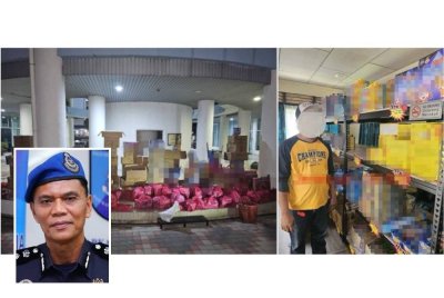 Polis Marin merampas pelbagai jenis mercun dianggarkan bernilai RM1.2 juta termasuk cukai dalam serbuah premis di Jeram, pada Khamis. (Gambar kecil: Rusley)