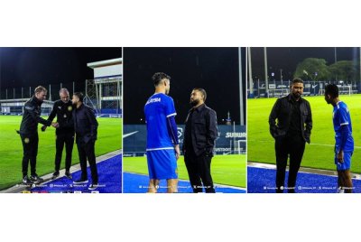 Tunku Mahkota Ismail bertanya khabar dengan Faisal Halim semasa menyaksikan latihan skuad Harimau Malaya di Pusat Latihan Seri Gelam, Johor Baharu, Johor pada Khamis. Foto Facebook Malaysia NT