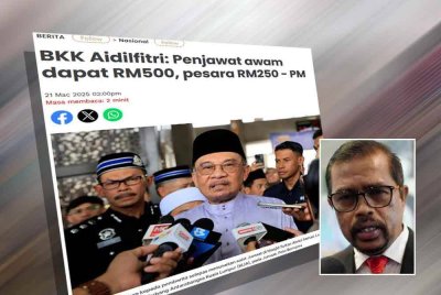 Laporan Sinar Harian pada Jumaat mengenai Bantuan Khas Kewangan Aidilfitri yang diumumkan Perdana Menteri. Gambar kecil: Adnan