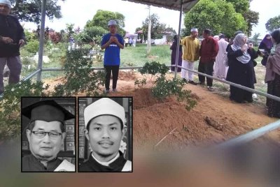 Muhamad Hafiy membacakan doa ketika pengebumian bapa dan abangnya di Tanah Perkuburan Islam Kampung Padang Luas, Besut. Gambar kecil dari kiri: Allahyarham Mohd Nazri, Allahyarham Muhammad Hamas