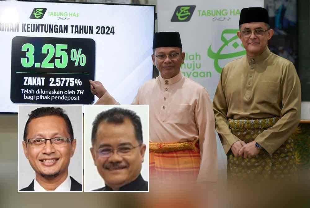 Menteri di Jabatan Perdana Menteri (Hal Ehwal Agama) Datuk Mohd Na’im Mokhtar (kiri) dan Pengarah Urusan Kumpulan dan Ketua Pegawai Eksekutif Lembaga Tabung Haji (TH) Datuk Syed Hamadah Syed Othman bergambar pada sidang media pengumuman kadar agihan keuntungan TH Tahun Kewangan 2024 pada Jumaat. Foto Bernama. (Gambar kecil dari kiri: Nuradli Ridzwan Shah, Dr Aimi Zulhazmi)