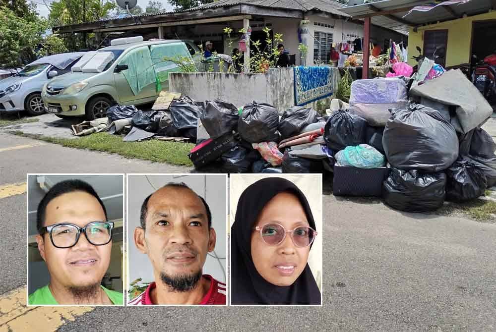 Penduduk mengambil kesempatan cuaca cerah menjemur peralatan rumah mereka yang ditenggelami air. Gambar kecil dari kiri: Abdul Raauf, Asyik, Besek Noor Ermita